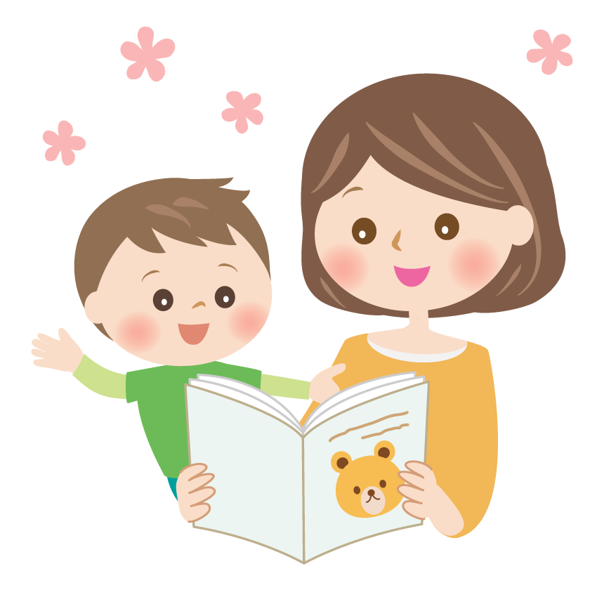 絵本の読み聞かせをする親子（お母さん）のイラスト