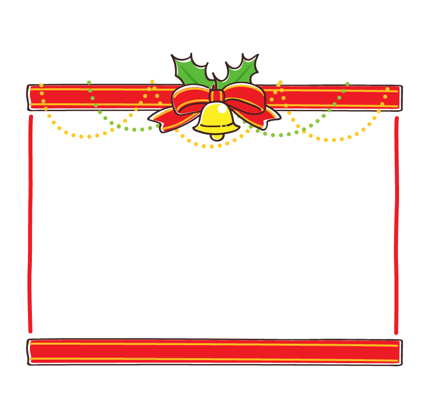 クリスマスベルと赤いリボンの上下フレーム・枠イラスト