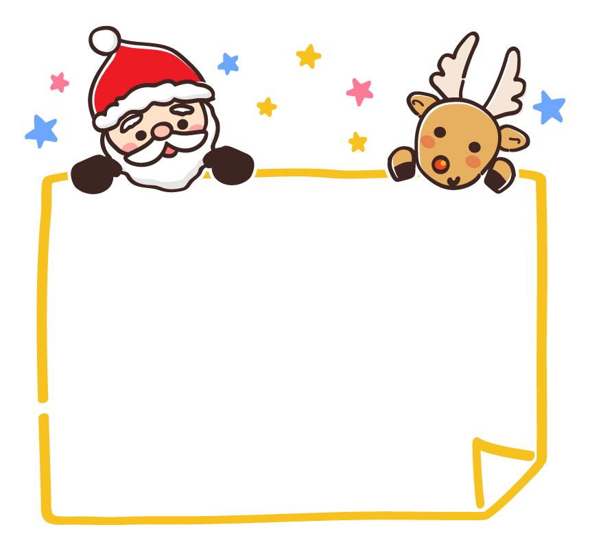 サンタクロースとトナカイの顔と星の黄色い紙のフレーム・枠イラスト