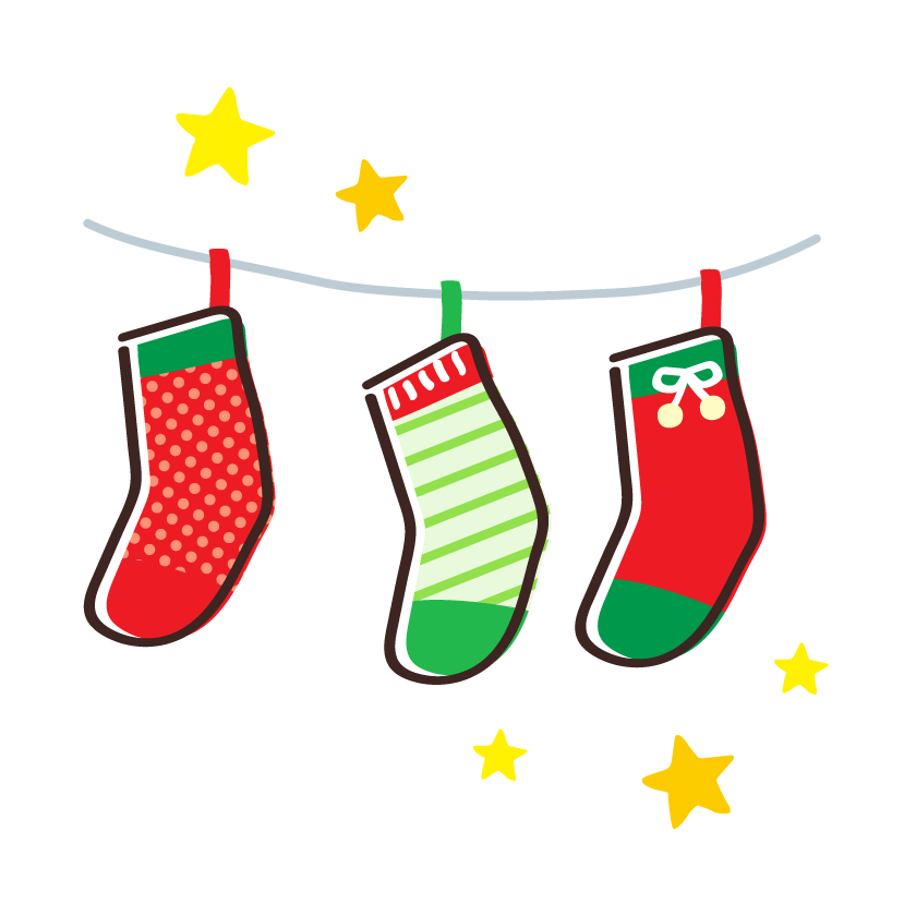 吊るしたクリスマス靴下と星のイラスト