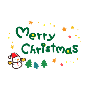 サンタ帽子の雪だるまと星の「merry christmas」文字のイラスト