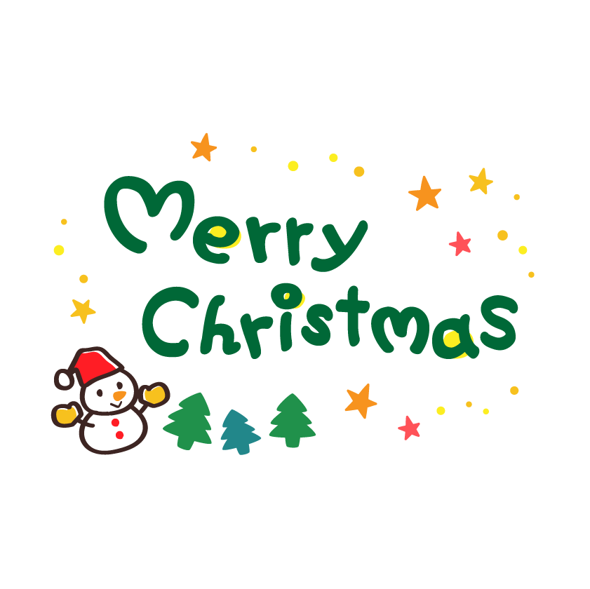 サンタ帽子の雪だるまと星の「merry christmas」文字のイラスト