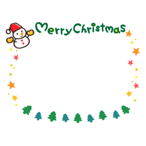 雪だるまと星の「merry christmas」文字のフレーム・枠イラスト