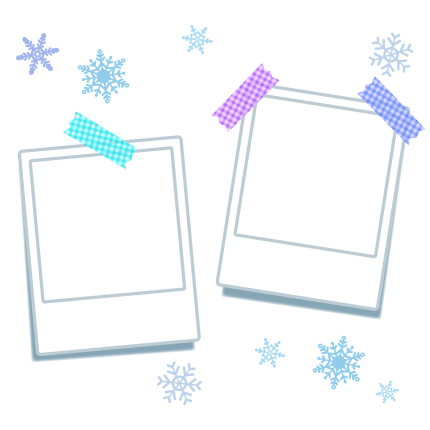 雪の結晶と2枚のポラロイド写真のフレーム・枠イラスト
