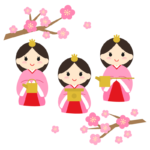 かわいい三人官女と梅の花のイラスト