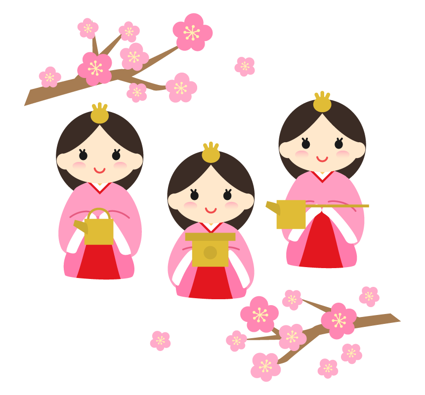 かわいい三人官女と梅の花のイラスト