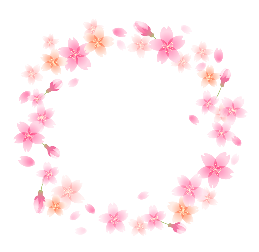 ふんわりとした桜の花と蕾の円形フレーム・枠イラスト