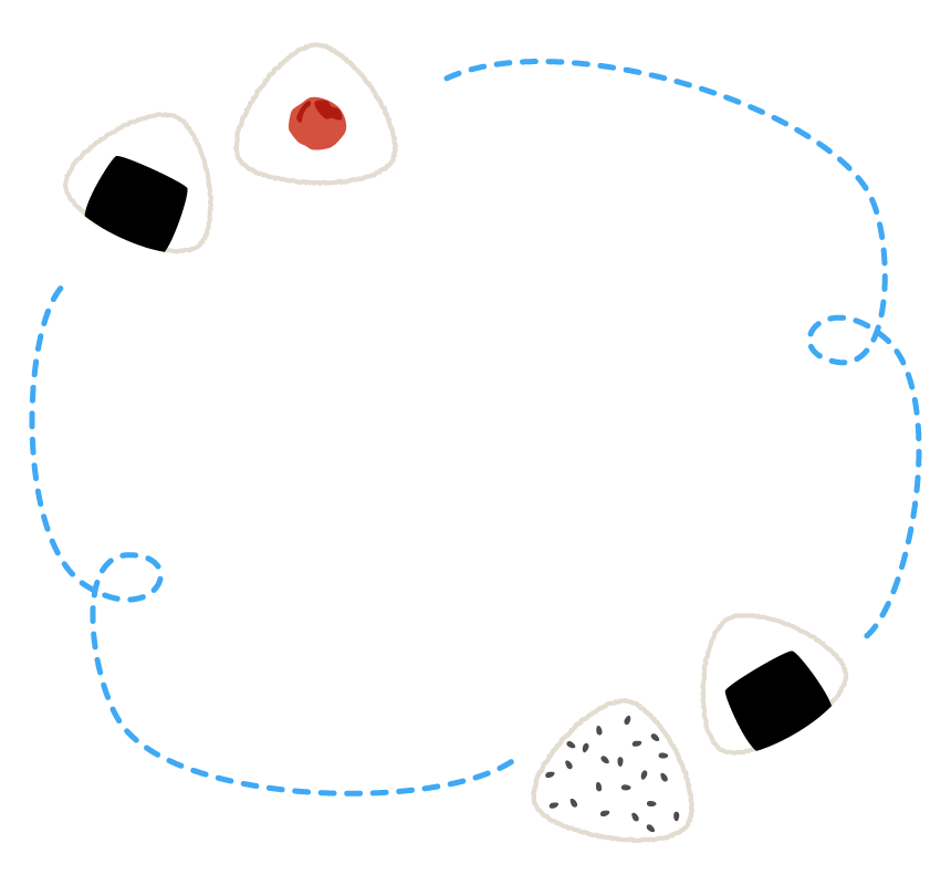 おにぎりと青色の手書き風点線のフレーム・枠イラスト