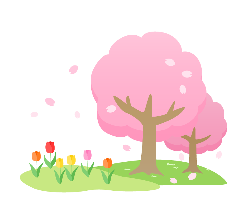 桜とチューリップが咲いている春の風景のイラスト