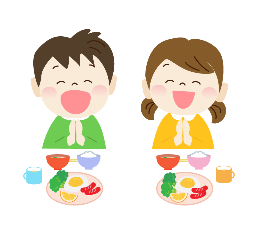 食事と「いただきます」をする子供のイラスト