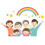 笑顔の仲良し3世代家族と虹のイラスト