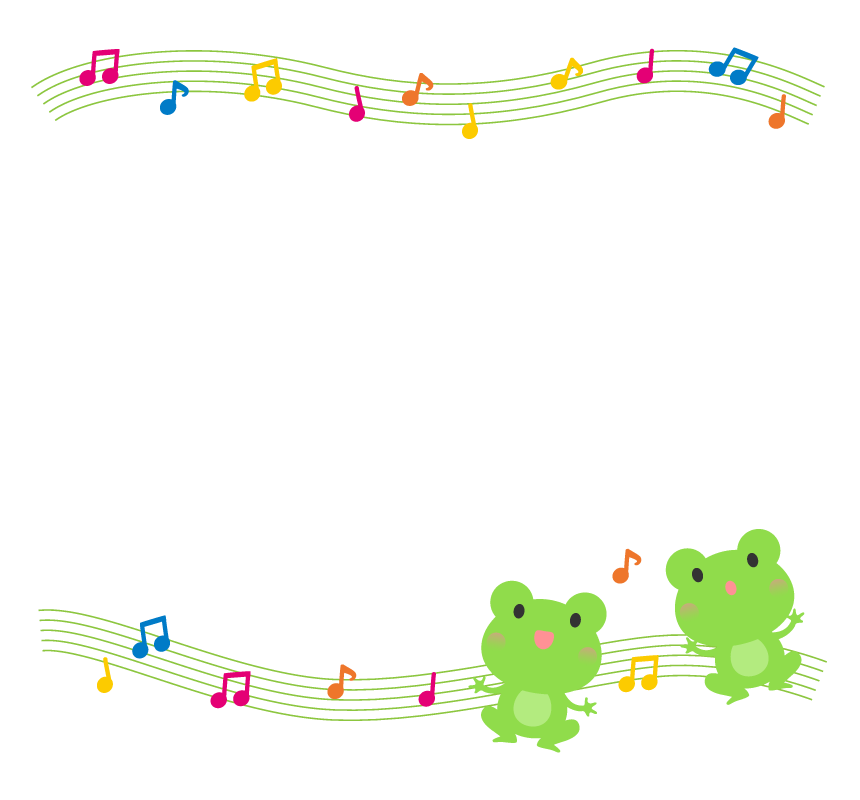歌っているカエルと音符の上下フレーム・枠イラスト