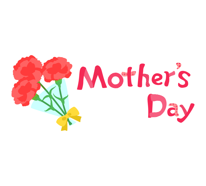 母の日・カーネーション花束と「Mother's Day」文字イラスト