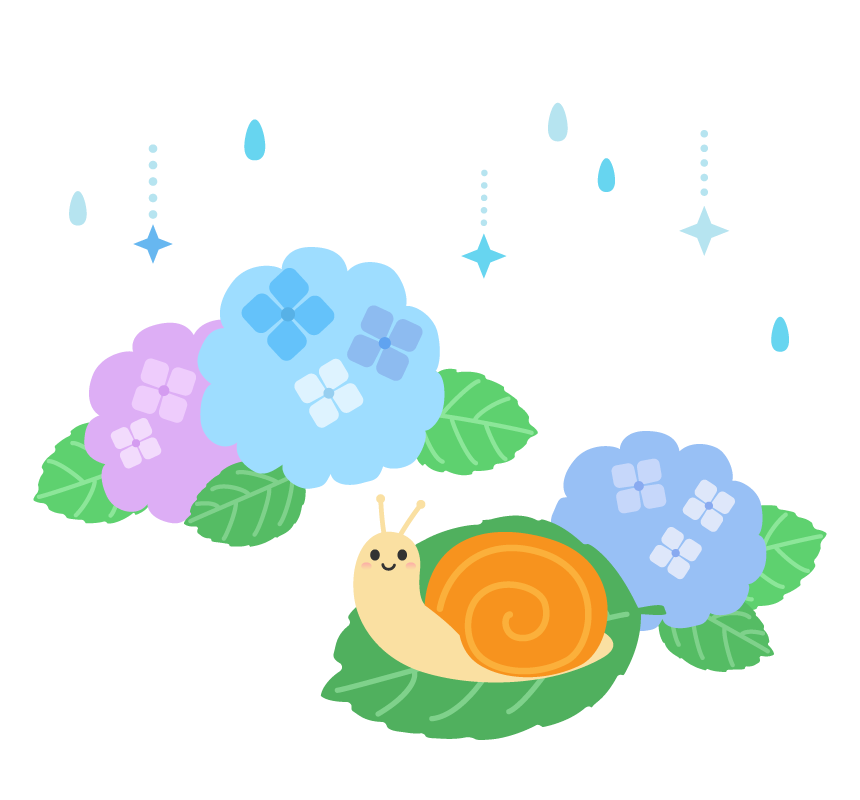 梅雨・かわいいカタツムリと雨と紫陽花のイラスト