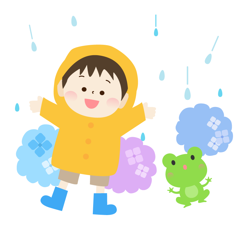 梅雨・合羽を着た男の子とカエルと紫陽花のイラスト