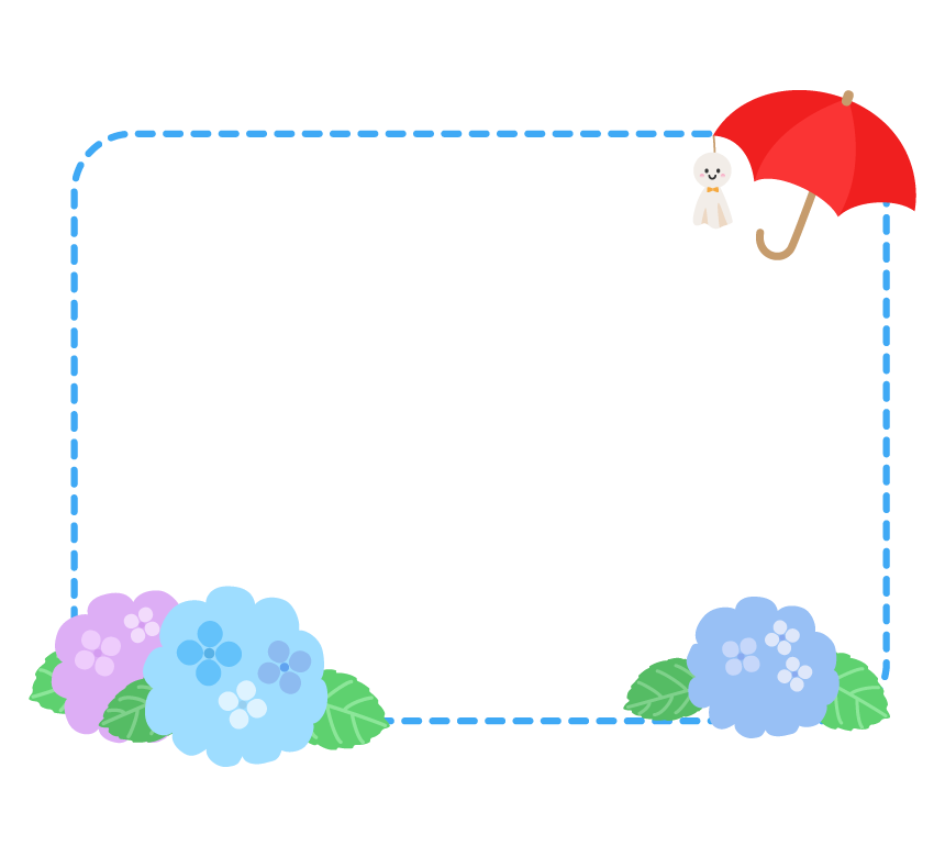 梅雨・傘と紫陽花とてるてる坊主の水色点線フレーム・枠イラスト