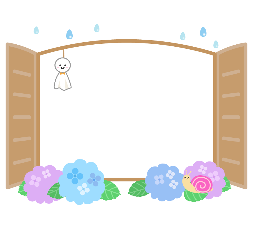 梅雨・紫陽花とてるてる坊主を下げた窓のフレーム・枠イラスト