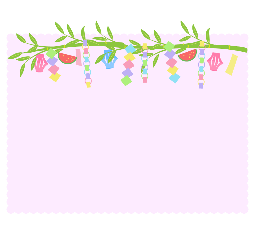 上部の七夕飾りのピンク色の四角フレーム・枠イラスト