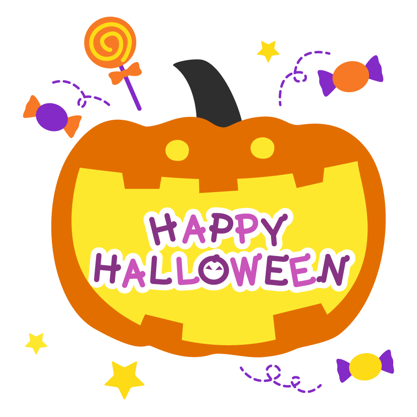 ハロウィン・かぼちゃの中の「HALLOWEEN」文字とキャンディーのイラスト