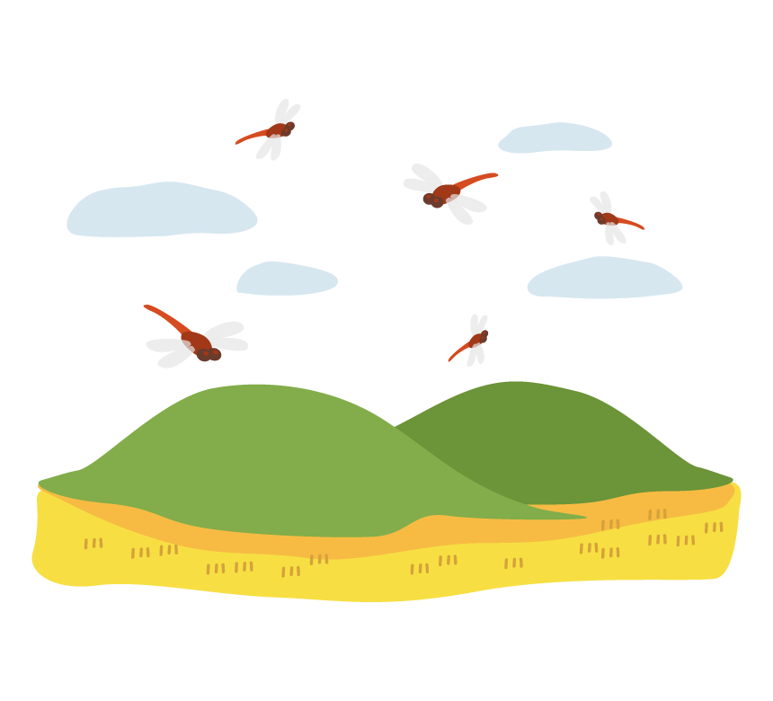 赤トンボが飛ぶ秋の田舎風景のイラスト