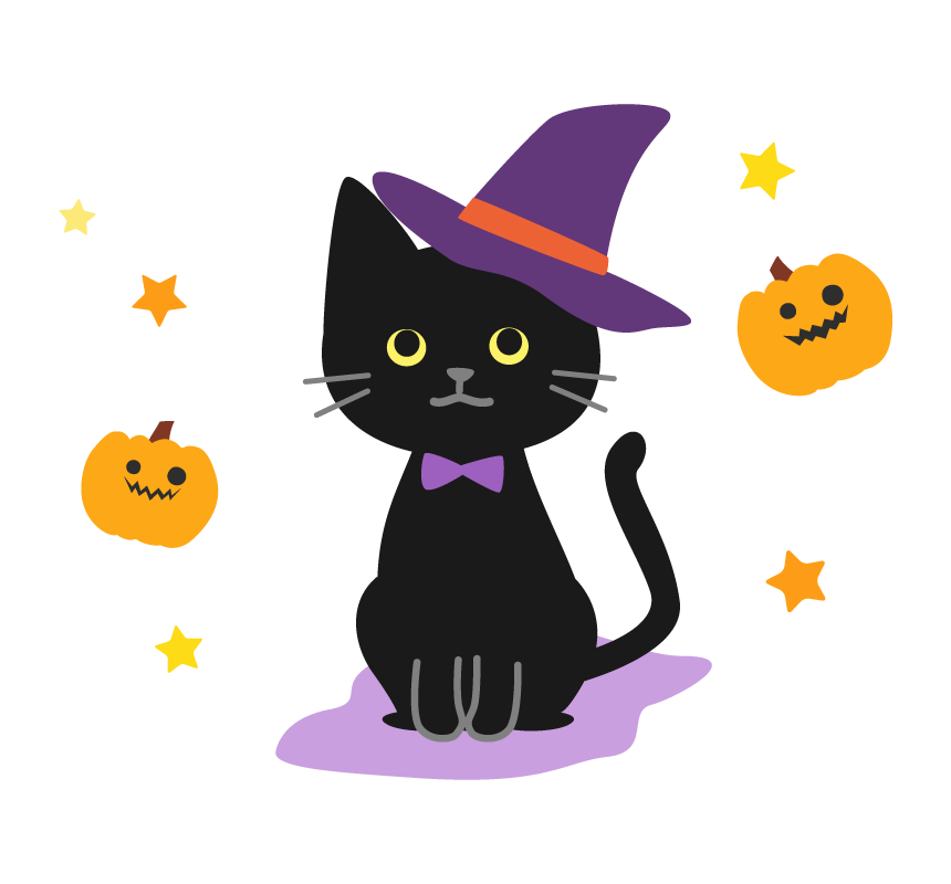 ハロウィン・帽子をかぶった黒ネコとかぼちゃのイラスト