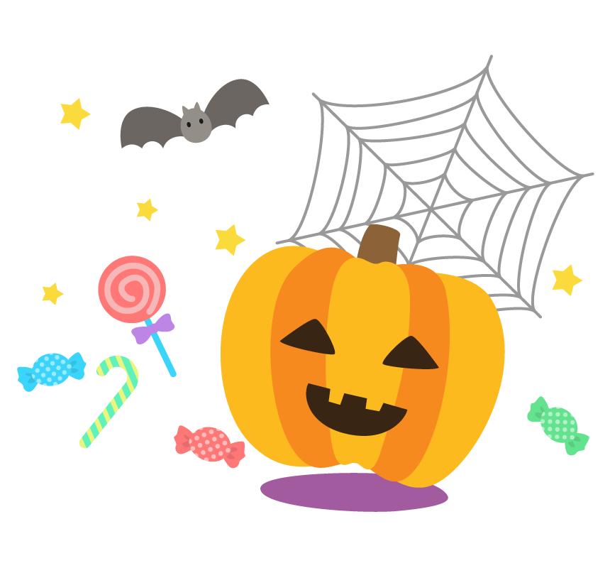 ハロウィン・かぼちゃとキャンディーとクモの巣のイラスト